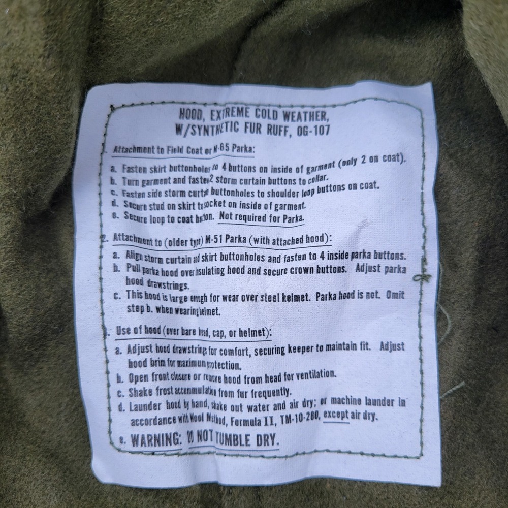 Vtg NOS US Military Hood Extreme Cold Weather W/Synthetic Fur Ruff OG107 - Picture 2 of 5